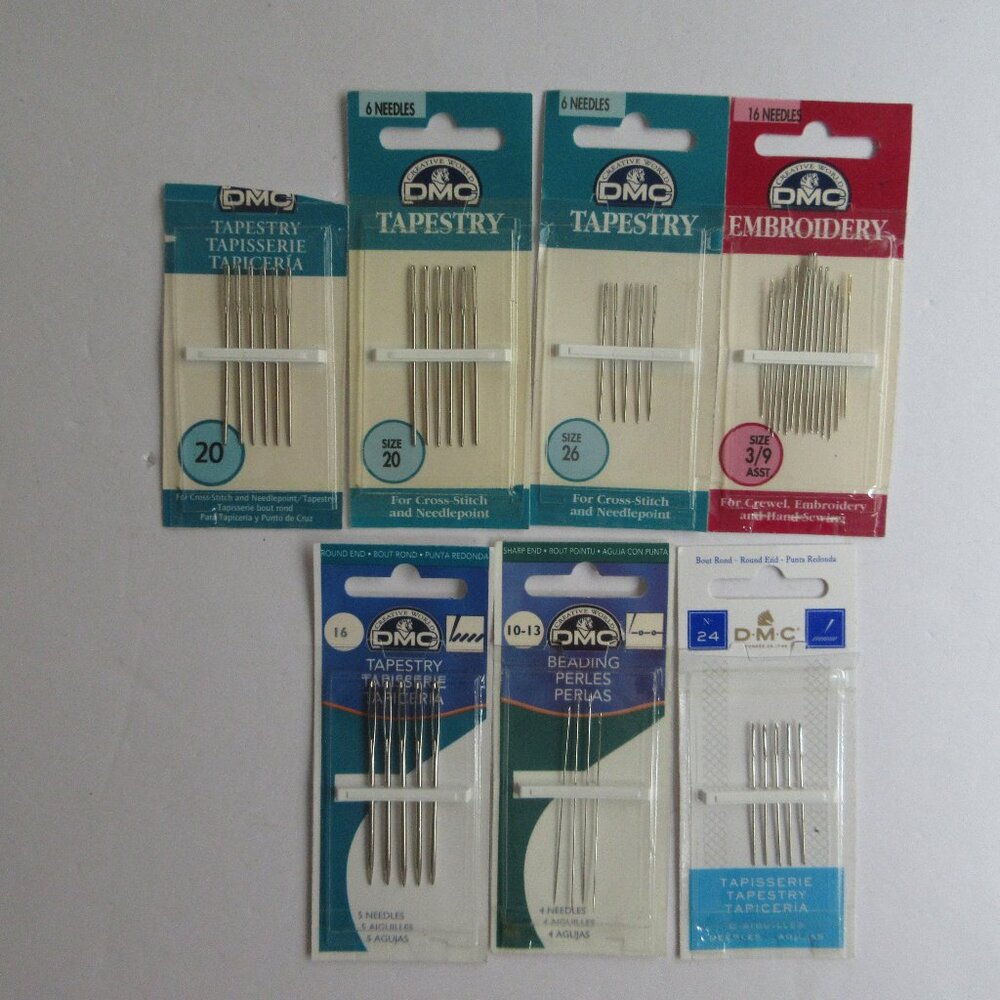 DMC Tapestry Hand Needles SZ 20, 26, 24, 28 Embroidery 3/9 Asst, Beading 6 Pk